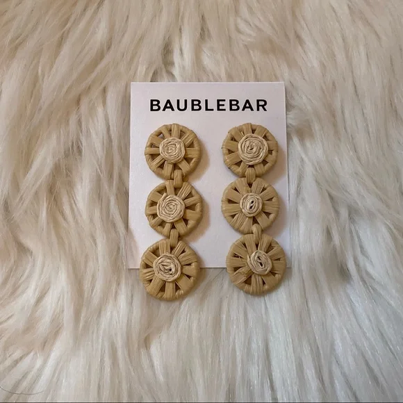 BaubleBar Straw / Rattan / Raffia Triple Drop Earrings - New on Card - NWT - Picture 2 of 7